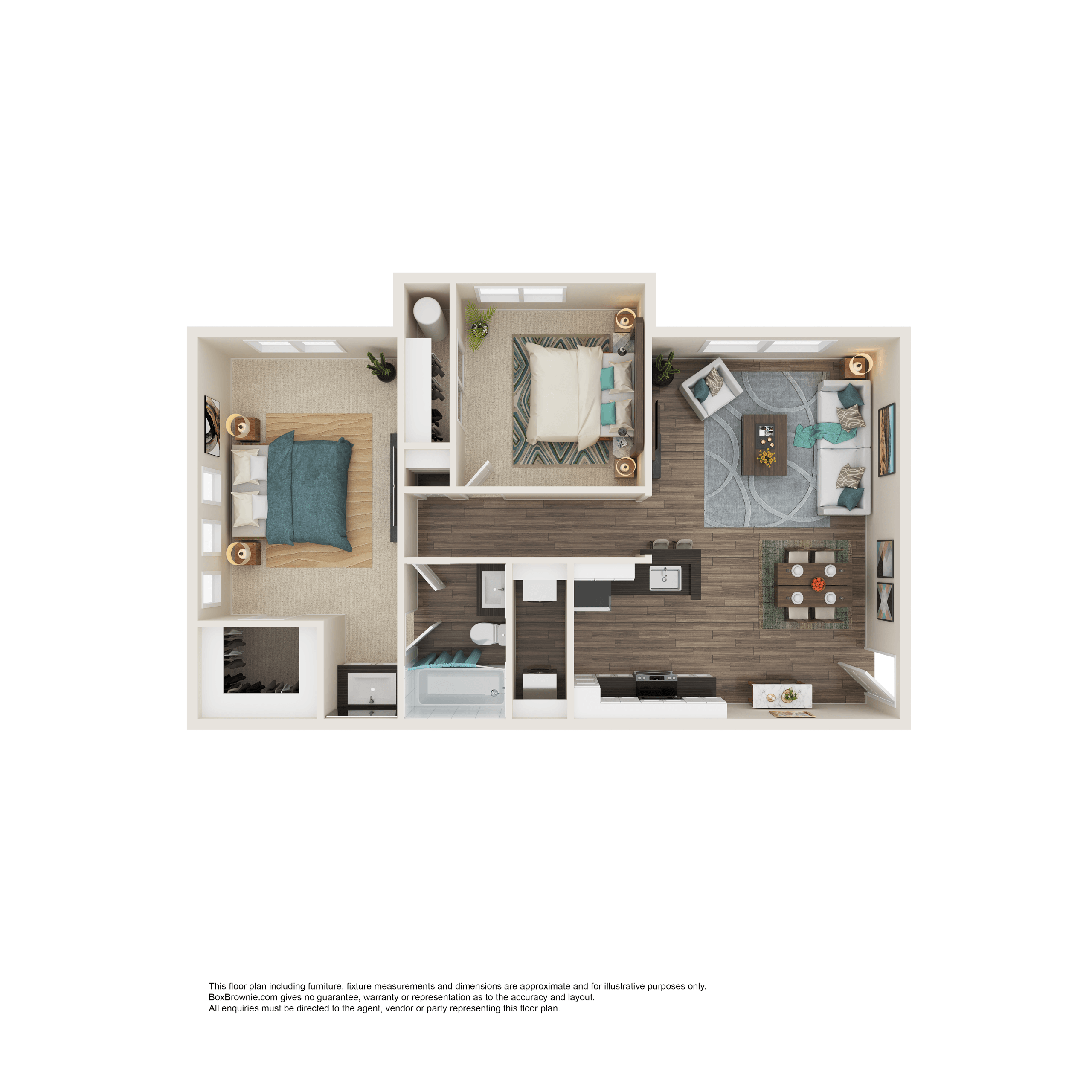 Floor plan for 2 beds, 1 bath, 695 sqft